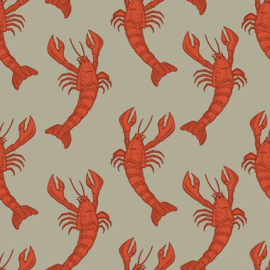 Kırmızı ıstakozlu kusursuz desen, vektör çizimi, kumaş için ideal..