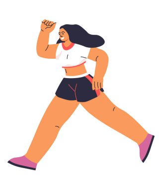 Koşan, spor giyinen, beyazda soyutlanmış bir kadının vektör çizimi. Fitness ve sağlık temaları için uygun