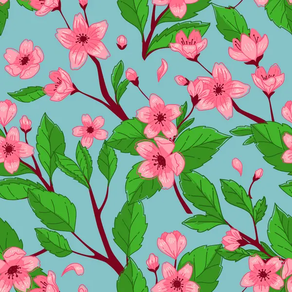 Vector Seamless Pattern Pink Cherry Blossoms Leaves Blue Ideal Spring ロイヤリティフリーストックベクター
