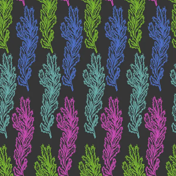Neon Outlined Coral Seaweed Dark Background Seamless Pattern Vector Illustration ロイヤリティフリーストックベクター