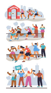 Şehir maratonunda bitiş çizgisini geçen koşucular, düz vektör çizimi.