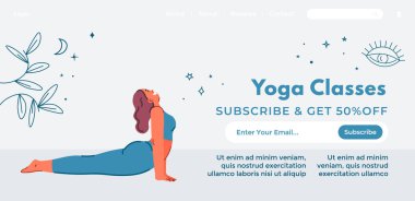 Yoga yapan kadın, çevrimiçi dersler için web afişi, vektör illüstrasyonu, beyaz arkaplan.