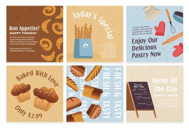 Fırın için sosyal medya seti tanıtım sunuyor. Web sayfası koleksiyonu tasarımında düz hamur işi öğeleri, vektör illüstrasyonu. Özel fiyat, indirimli reklam kanalı afişi