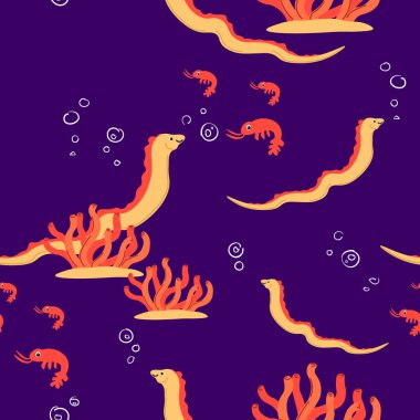 Sarı denizatları ve kırmızı karideslerle, çeşitli tasarımlar için mor bir zemin üzerinde kusursuz sualtı deseni..