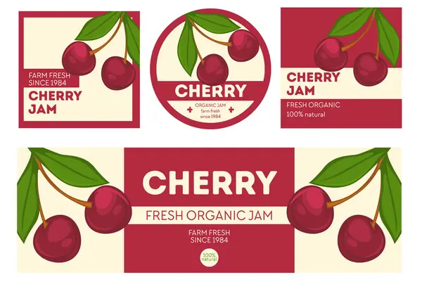 Ripe Cherry Branch Vector Illustration Authentic Jam Label Designs ストックイラスト