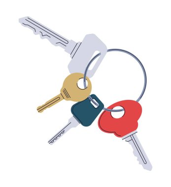 Ev anahtarları anahtarlık ya da anahtarlık üzerinde. Ukala aksesuarları olan modern bir anahtar. Gayrimenkul kavramı. Kiralık ev. Düz biçimli çağdaş vektör illüstrasyonu.