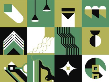 Geometrik şekiller ve kare, baskı ya da dikişsiz şekiller halinde soyut şekiller. Asılan lambalar, düz çizgiler, kıvrımlar ve merdivenler. Bauhaus geçmişi, çağdaş sanat tasarımı. Düz biçimli vektör