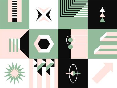 Geometrik şekiller ve kare, baskı ya da dikişsiz şekiller halinde soyut şekiller. Asılan lambalar, düz çizgiler, kıvrımlar ve merdivenler. Bauhaus geçmişi, çağdaş sanat tasarımı. Düz biçimli vektör