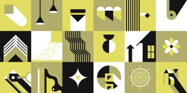 Geometrik şekiller ve kare, baskı ya da dikişsiz şekiller halinde soyut şekiller. Asılan lambalar, düz çizgiler, kıvrımlar ve merdivenler. Bauhaus geçmişi, çağdaş sanat tasarımı. Düz biçimli vektör
