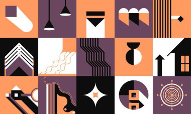 Kareler halinde soyut şekiller ve şekiller, geometrik baskı. Görünen üçgenler, daireler ve eğri çizgiler, ok ve işaretçi, arka plan için çağdaş tasarım. Düz biçim illüstrasyonunda vektör