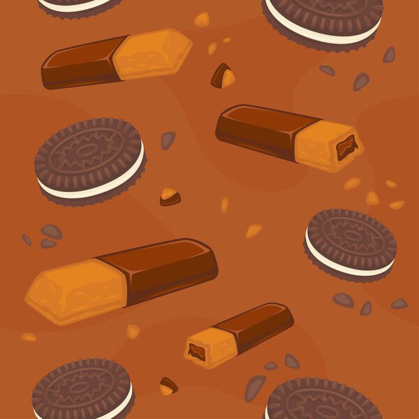 Выпечка и кондитерские изделия, печенье и печенье с шоколадной начинкой и сливками. Крекеры и вкусный десерт, сладости из магазина. Бесшовный рисунок, фон или печать обоев. Вектор в плоском стиле