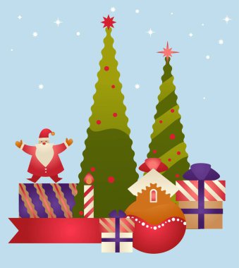 Noel kutlaması, Noel Baba Noel için hediyeler ve yeni yıl tatili. Mücevherleri ve çelenkleri olan çam ağacı, parlayan yıldız. Dışarıda kar fırtınası var. Düz biçimli vektör