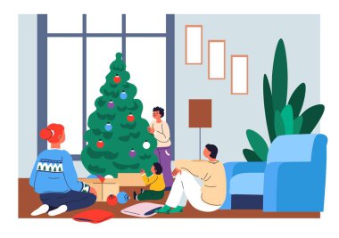 Yeni yıl ve Noel bayramı kutlaması. Aile birlikte vakit geçiriyor. Süslü, süslü çam ağaçları, süslemeli çelenkler, süs topları. Anne ve baba yerde çocuklu. Düz biçimli vektör