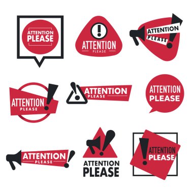 Çeşitli dikkat gerektiren vektör illüstrasyonları Lütfen beyaz üzerine izole edilmiş kırmızı ve siyah işaretler.