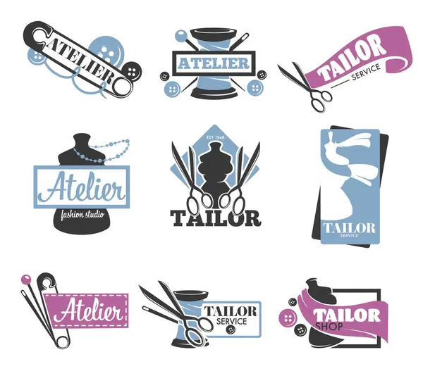 Collection Tailor Atelier Logos Vector Illustration Various Design Elements Including — Stock Vector