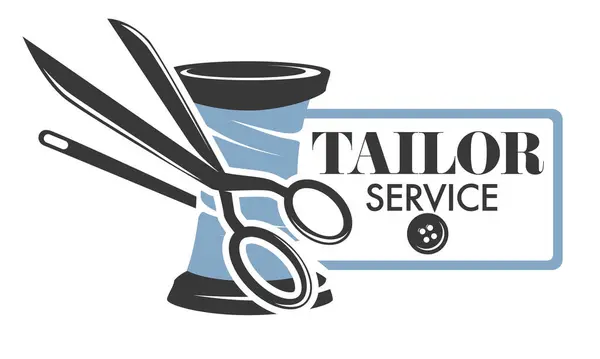 Tailor Service Logo Scissors Thimble Vector Illustration Black Blue Design — Stock Vector