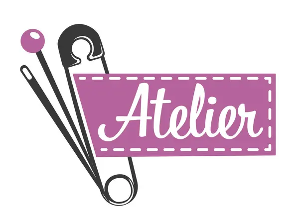 Atelier Logo Featuring Safety Pin Sign Vector Illustration Purple Black — Stock Vector