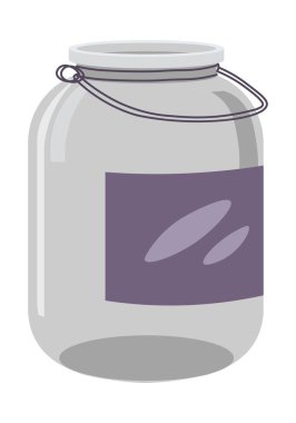 Glass or plastic jar for canning or storing food ingredients. Isolated container for water, can with handle and package emblem of products. Cuisine and kitchenware items. Vector in flat style