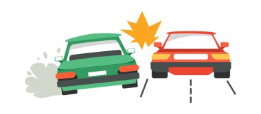 Traffic accident, car crash of two drivers on highway or road. Transport collision, problems and troubles with vehicles. Inflammation and spark on automobile. Emergency case. Vector in flat style