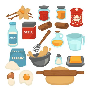 Un ve yumurta, pişirme ve pişirme malzemeleri. İzole edilmiş vanilya çiçeği, şeker ve tuz çırpılmış hamur ve merdane. Tereyağı ve süt, tarçınlı bal ve soda. Düz biçimli vektör