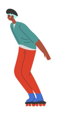 Hobiler ve eğlence, aktif yaşam tarzı ve spor. Tecrit edilmiş genç çocuk paten kayıyor, dışarıda oynayan gençler yeni numaralar öğreniyor. Ekipman ve hafta sonları eğlence. Düz biçimli vektör