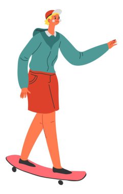 Genç bir çocuğun aktif boş vakitleri ve hobileri, kaykaylı öğrenci çocuk numaraları göstermesi veya yeni yetenekler öğrenmesi, gelişmesi ve gelişmesi. Çocukluk ve spor eğlencesi, düz stil vektörü.