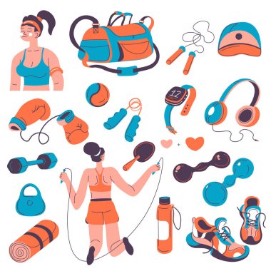 Antrenman, spor ve eğitim ekipmanları. İzole edilmiş saat, kulaklık, genişletici ve boks eldivenleri. Koşmak ve koşmak için ip atlamak ve rahat ayakkabılar. Düz biçim illüstrasyonunda vektör