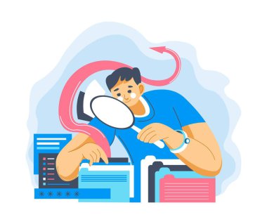 Erkek karakter, büyüteç yardımıyla bilgi arıyor. Analiz ve araştırma yapan bir adam. Araştırma yeteneklerinin gelişimi. Düz biçimli vektör