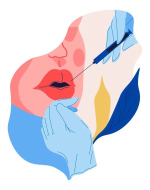 Kadın hasta için düzeltici ameliyat, botoks enjeksiyonu, yeniden şekillendirme, dudak büyüklüğü değiştirme. Profesyonel güzellik uzmanlarıyla klinikte güzellik prosedürü. Estetik görünüş için sıvı enjekte ediliyor. Düz vektör