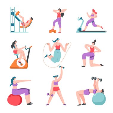 Spor salonunda kadın karakter eğitimi, dambılı ve spor aleti olan bir kadın. İp atlama, bisiklet esnetme ve kilo vermek ve formda kalmak için spor topu eşliğinde koşu bandı. Düz vektör