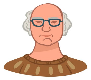 Gözlük takan ve örgü ören erkek karakter kel kafalı, izole edilmiş yaşlı adam. Emekli ya da emekli insan portresi, avatar ya da adamın fotoğrafı. Gözlüklü büyükbaba. Düz vektör