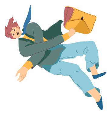 Male character slipping and falling down while walking, man with briefcase accidentally and unexpectedly failing. Businessman or workers heading to job on slippery road. Vector in flat style clipart