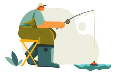 Çubuklu erkek karakteri nehir kıyısında oturup balık yakalıyor. Hafta sonları su kenarında dinlenen izole bir balıkçı. Özel kostüm giyen bir adamın hobisi bekliyor. Peyzaj ve kırsal vektör