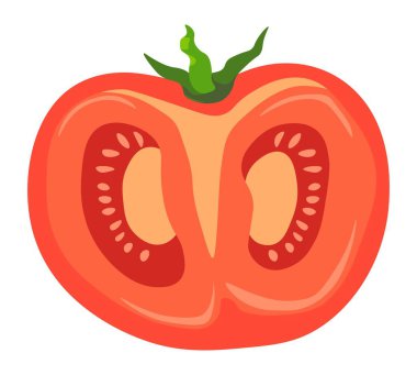 Sebze ve organik ürünler de dahil olmak üzere besin ve dengeli diyet. Yapraklı yarım domates, çiftlikten doğal üretim. Salata yapmak için lezzetli malzemeler. Düz vektör