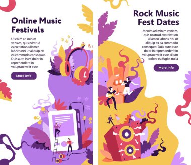 Rock müzik festivali tarihleri, online festival performansı, gitar çalan insanlar. Cihaz ve cihazlardan, kulaklıklardan ve hoparlörlerden yayın ve yayın yapmak. Web sitesi sayfası, düz biçimli vektör