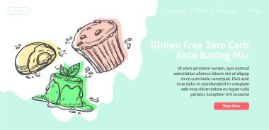 Sıfır karbonhidrat ve glütensiz pasta, evde tatlı ve tatlı yapmak için fırın karışımı. Puding ve kek, reçelli kurabiye, tarifli web sitesi. İniş sayfası şablonu, düz biçimli vektör