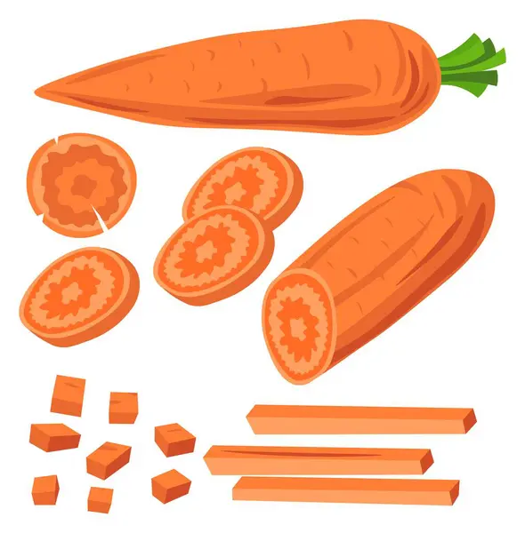 用于烹调和准备美味食品的健康有机配料 天然营养和节食 素食和素食生活方式菜单 胡萝卜切成块和片 矢量呈扁平型 矢量图形