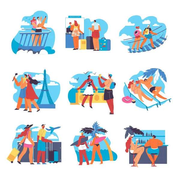 エキゾチックな国を訪問し 夏休み中に旅行する人 チェックインのカップルは 荷物を預ける パリを歩く 日光浴 海辺のビーチで日焼け バーで話す フラットでベクトル ロイヤリティフリーのストックイラスト