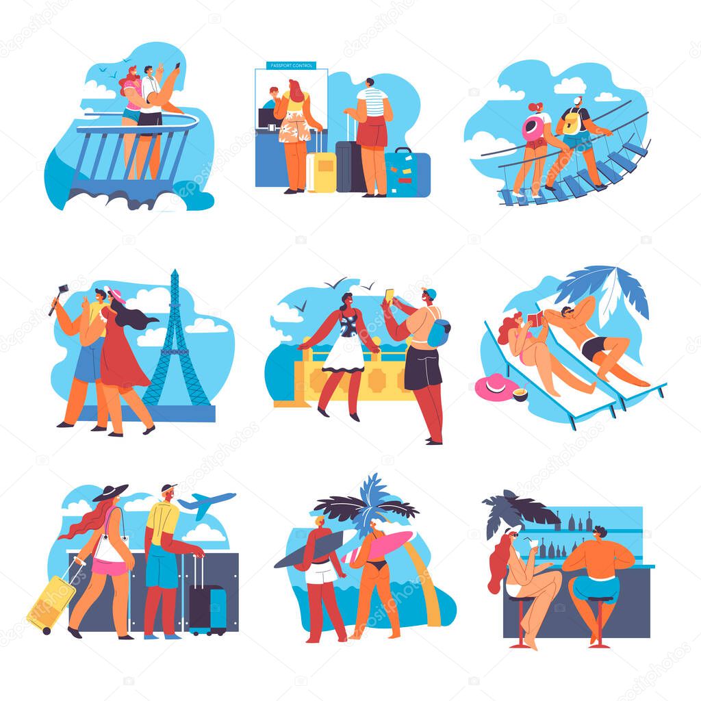 People visiting exotic countries and travel during summer vacations. Couple on check in giving luggage, walking in Paris, sunbathing and tanning by seaside beach. Talking at bar, vector in flat