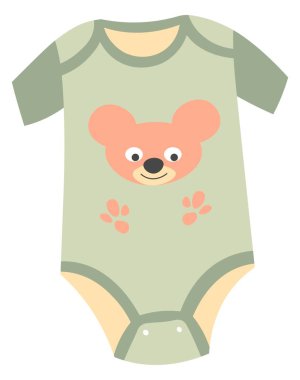 Tek parça takım elbise, yeni doğmuş bebekler ve yetişkin çocuklar için kostüm. Ağaçlık hayvan desenli izole kıyafetler, bebekler için küçük beden. Moda ve çocuk modası. Düz biçim illüstrasyonunda vektör