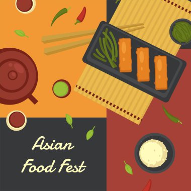 Çin ve Japon geleneksel yemeklerini servis ettim. Yemekli Asya yemeği festivali. Tören için çaydanlık, et ve sos. Reklam afişi ya da indirimli ve satışlı poster. Düz vektör