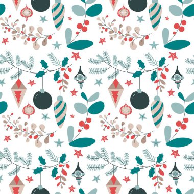 Mutlu yıllar ve mutlu noeller, çam ağacı dalları uzamış mücevherler ve toplar, ökseotu ve yemyeşil yapraklar ve flora. Kusursuz desen, arka plan ya da parmak izi. Düz biçimli vektör