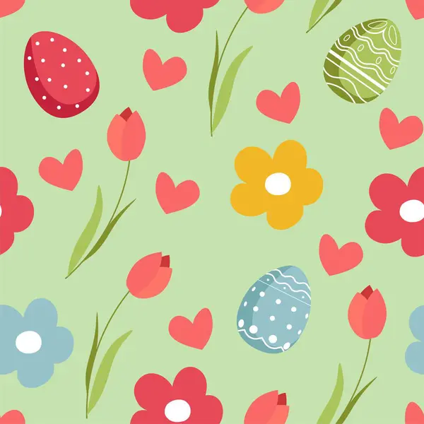 Bunte Eier Mit Ornamenten Blühende Tulpen Und Herzen Blühende Und Stockillustration