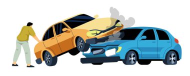Aşırı ısınmış motoru olan, beyaz renkte izole edilmiş bir arabanın vektör çizimi.