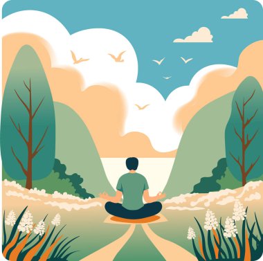 Serin açık hava meditasyonu, vektör illüstrasyonu, güzel doğal bir ortamda barışçıl farkındalık pratiği sergilemek..