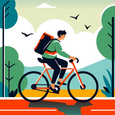 Şehirde bisikletle gidip gelen adam, vektör çizimi, sürdürülebilir ulaşım ve aktif yaşam tarzı gösteren düz tasarım.