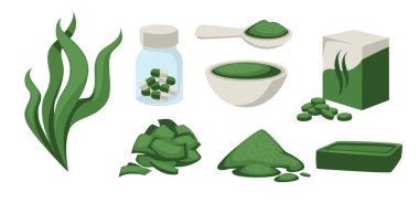 Spiulina bazlı ürünlerin vektör koleksiyonu, sağlığa odaklı, beyaza izole edilmiş. Sağlık ve diyet temaları için mükemmel..