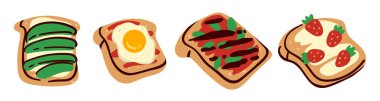 Tost çeşitlerinin vektör seçimi. Lezzetli bir şekilde detaylandırılmış, beyaza izole edilmiş, yemek blogları için ideal..