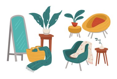 Vektör biçiminde rahat bir oturma odası düzeni, rahat mobilyalar ve sıcak tekstil sergileniyor, beyaz üzerinde izole edilmiş..