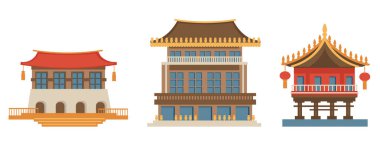 Kültürel tasarım projeleri için belirgin Asya mimari unsurlarının vektör illüstrasyonu.